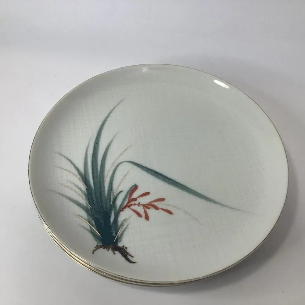 Vtg 3 Nunome China Dinner Plates 10 in Grass‎ Red Flower Gray Plaid Japan OOAK